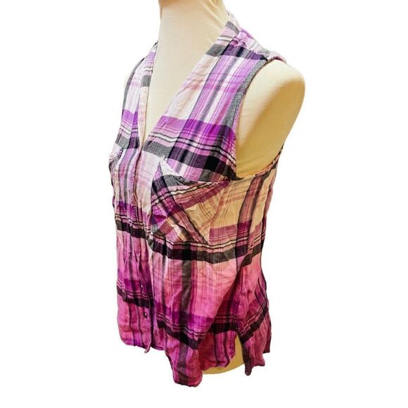 Rock & Republic Purple Checkered Split Back Sleeveless Button Front 100% Rayon B - Picture 6 of 14